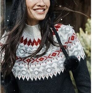 J. Jill Fair Isle Mock Neck Sweater Womens Large Black Red Gray Nordic Pullover